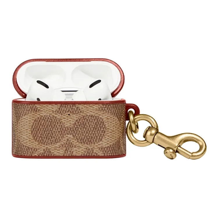 COACH Classic Monogram Canvas With Leather Earphone Case Mini Unisex Brown Red-1
