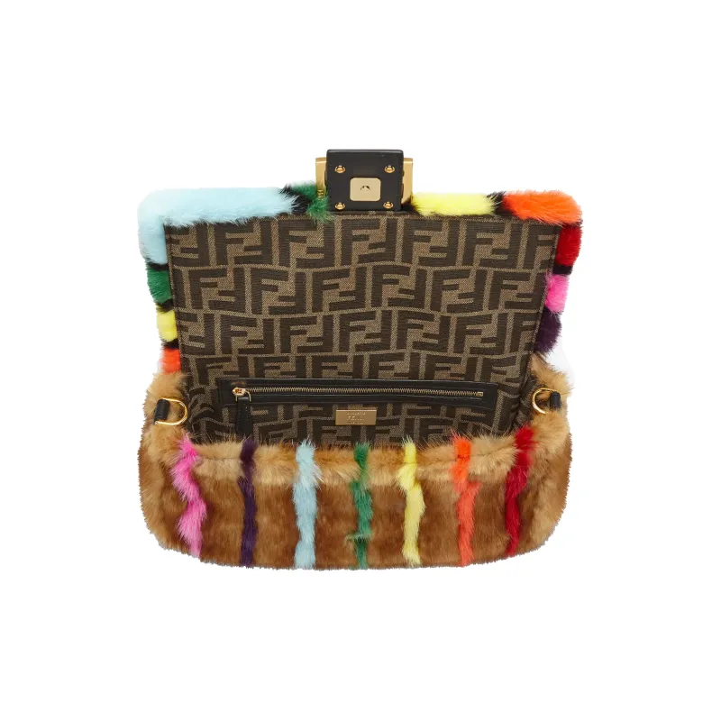 FENDI Baguette Mink Fur Shoulder Bag Crossbody Bag Handbag Medium Size Women's Brown/Multicolor-2