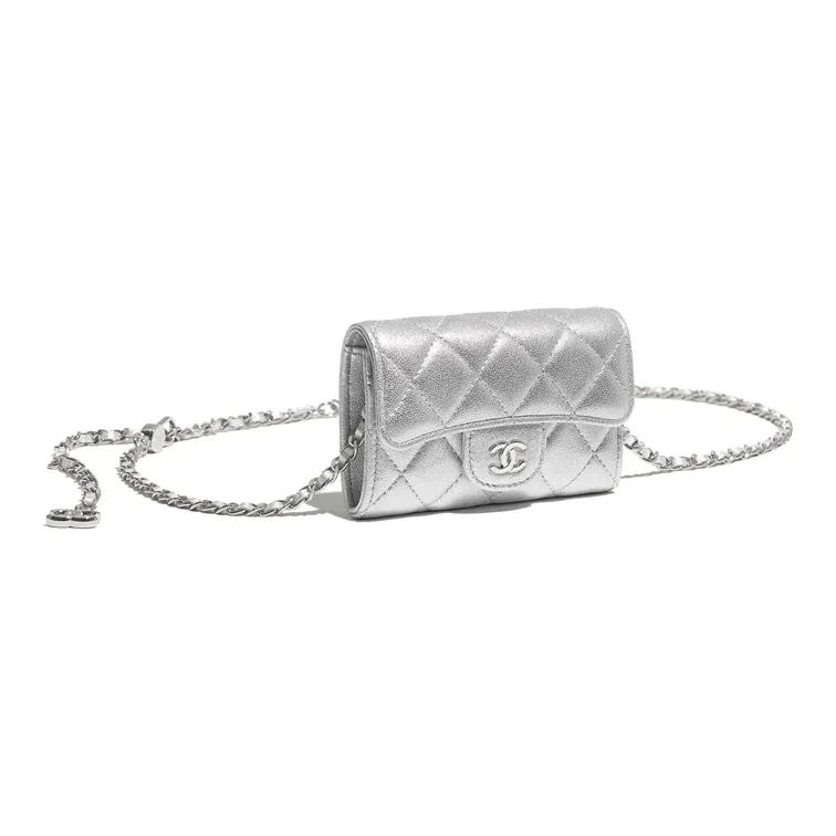 CHANEL Sheepskin And Metal Chain Bag Waist Chain Fanny Pack Trumpets Women's Silver-2