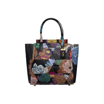 COACH X Kaffe Fassett Troupe Coated Canvas With Leather Tote Bag Shopping Bag Handbag Large Size Women's Black