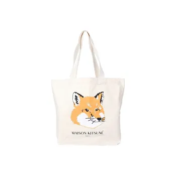 Maison Kitsune Canvas Handbag Canvas Bag Medium Size Women's Beige