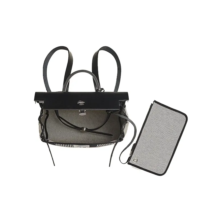 HERMES Herbag Zip Canvas With Leather Backpack Unisex Black & Beige & Light Beige-3