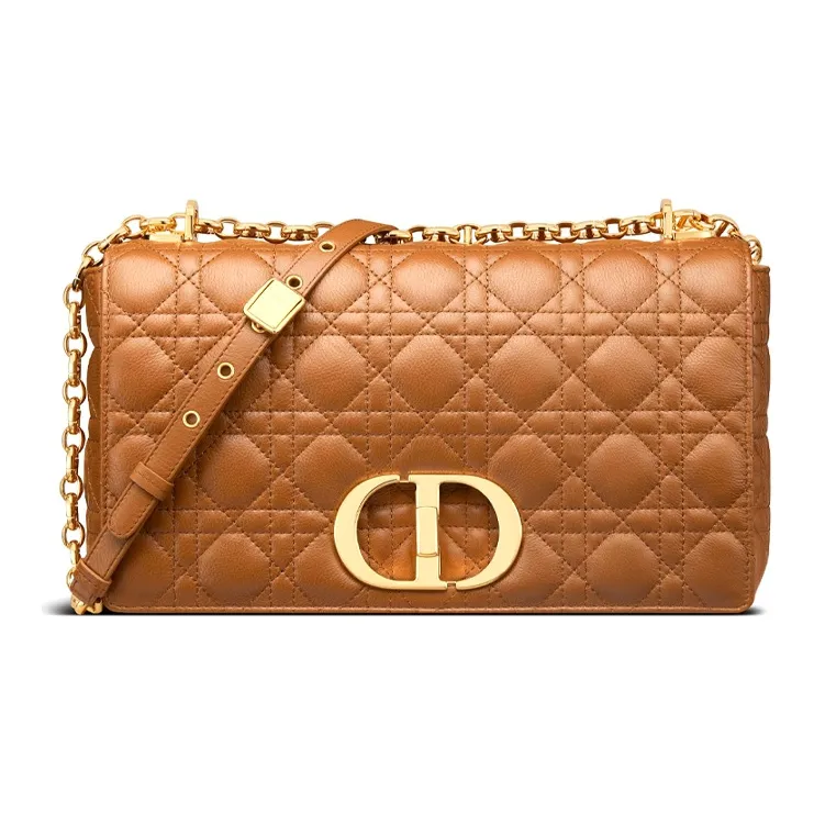 DIOR Caro Plaid Calfskin Shoulder Bag Crossbody Bag Large Size Women's Cognac-2