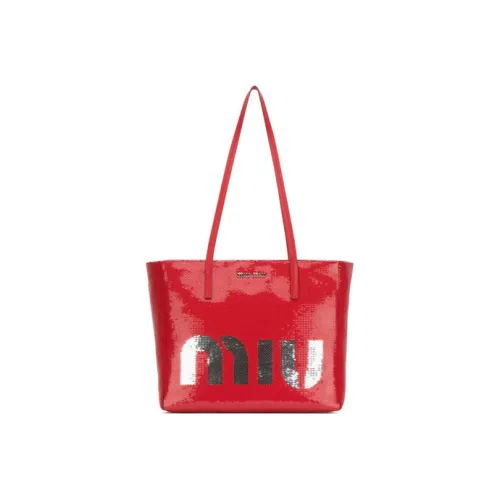 MIU MIU Sequins With Leather Tote Bag Shopping Bag Handbag Women's Red