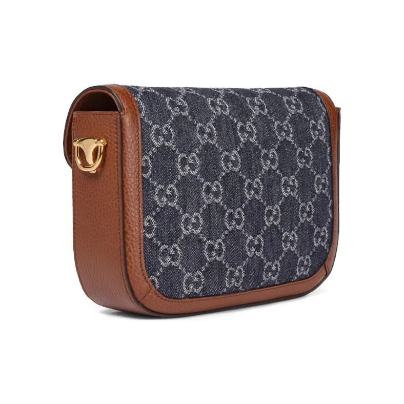GUCCI Horsebit 1955 Leather Trim With Denim Saddle Bag, Crossbody Bag, Shoulder Bag Women's-5