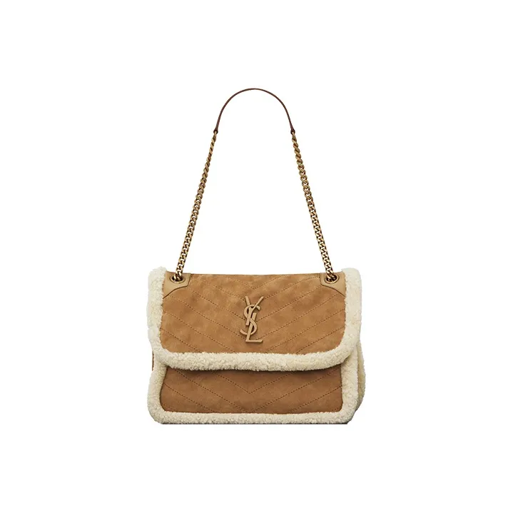 SAINT LAURENT Cowhide Leather Patchwork Wool Hobo Bag, Shoulder Bag, Crossbody Bag Medium Size Women's Camel & Beige-1