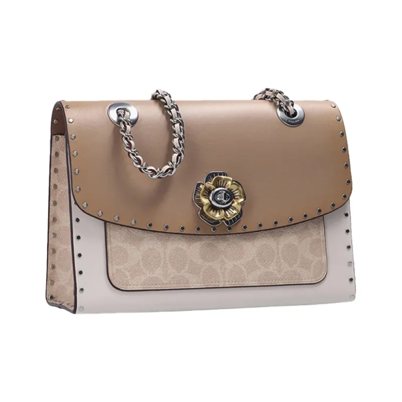 COACH Parker Coated Canvas With Leather Chain Bag, Shoulder Bag, Crossbody Bag Medium Size Women's Khaki/Gray White-1