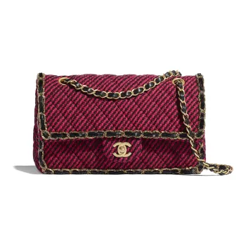 CHANEL Classic Flap CF Wool Tweed Glass Pearl And Gold Metal Shoulder Bag Women's Red Black