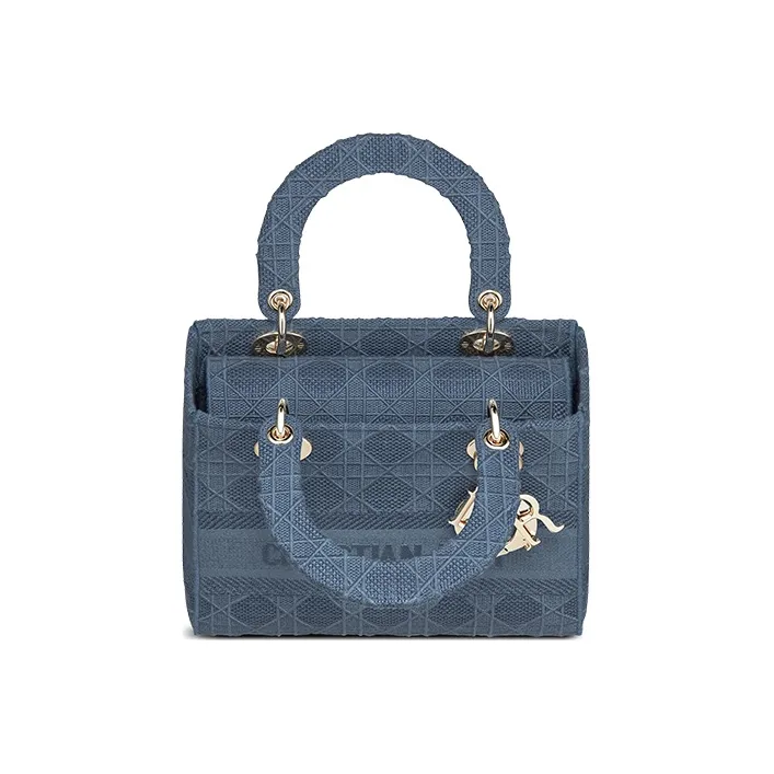 DIOR Lady DiorLady D-Lite Embroidery DaiFeng Handbags Medium Size Women's Dark Denim Blue-3