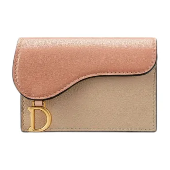 DIOR Saddle Sheepskin Saddle Card Holder Coin Purse Women's Beige With Rose Pink Accents