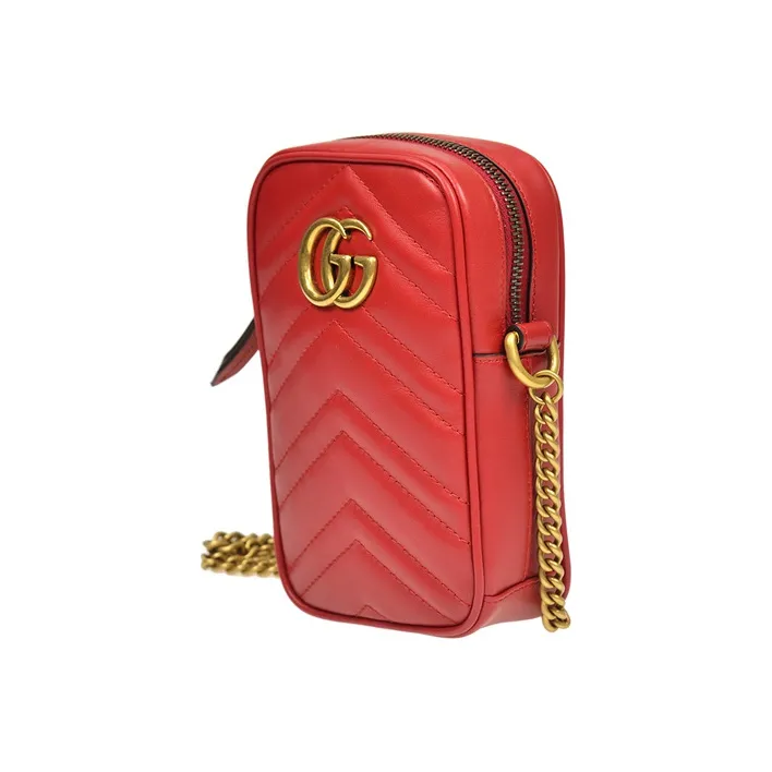 GUCCI GG Marmont Cow Leather Cell Phone Pouch Shoulder Bag Crossbody Bag Mini Women's Red-1