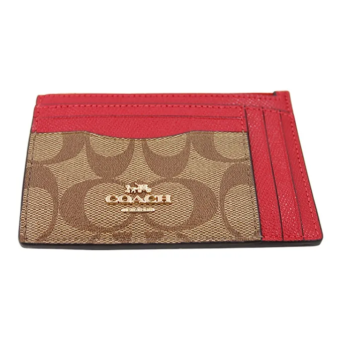 COACH Boxed Canvas With Leather Card Holder Wallet Women's Light Brown With Red-4