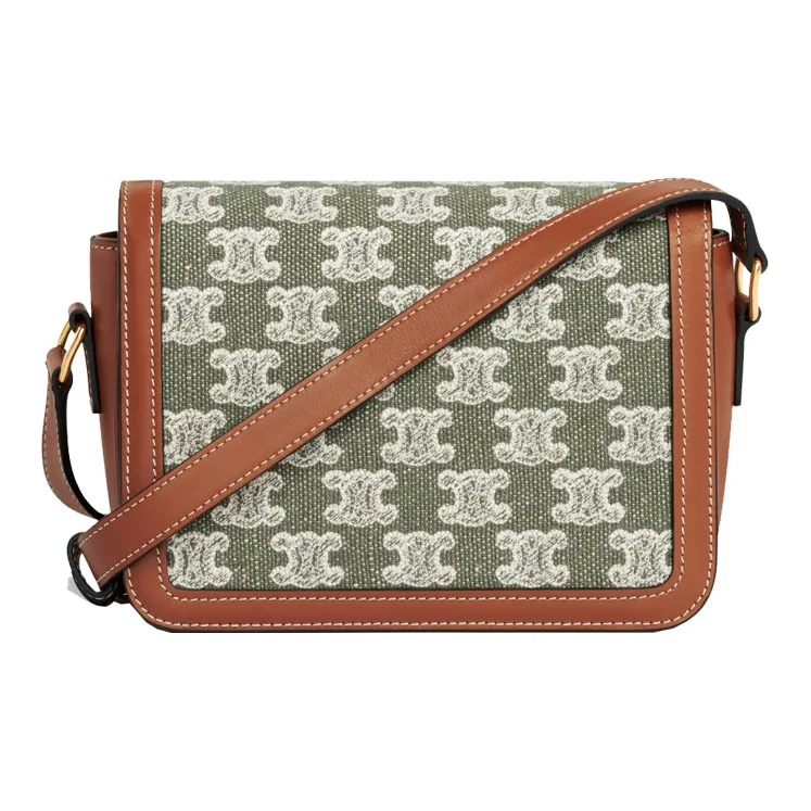 CELINE Embroidered Fabric With Cow Leather Patchwork Shoulder Bag Crossbody Bag Women's Khaki Green-2