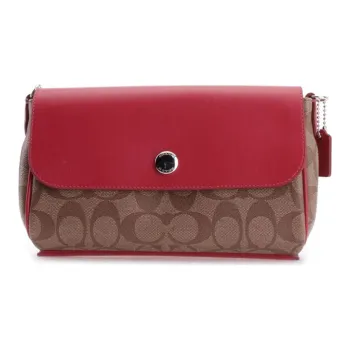 COACH With Leather Shoulder Bag, Crossbody Bag Women's Rose Red & Dark Brown Monogram