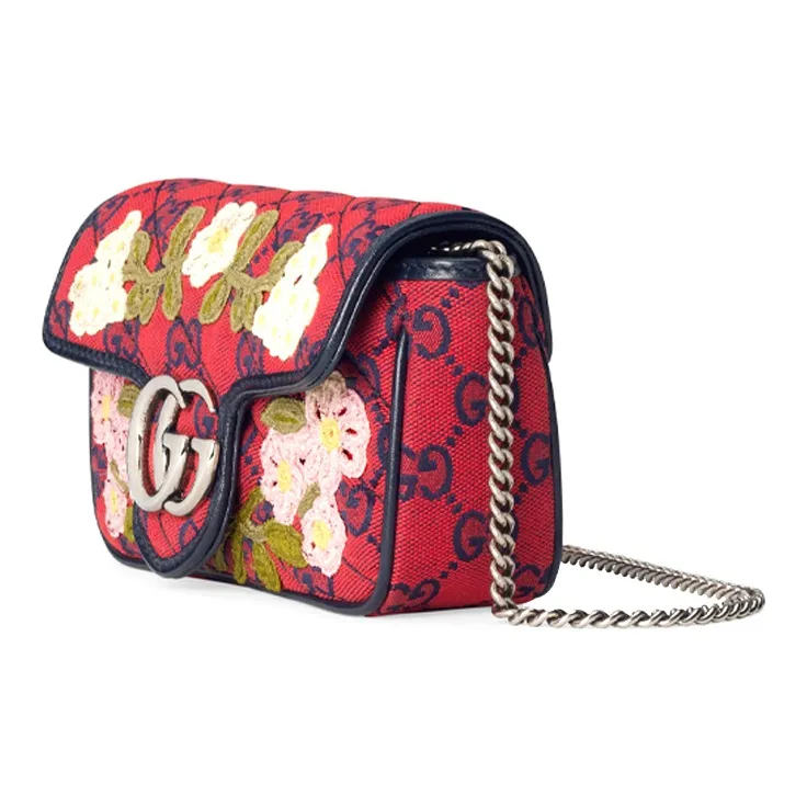 GUCCI Marmont Multicolor Leather Trim, Embroidered Canvas Chain Shoulder Bag, Crossbody Bag Mini Women's Red/Dark Blue-1