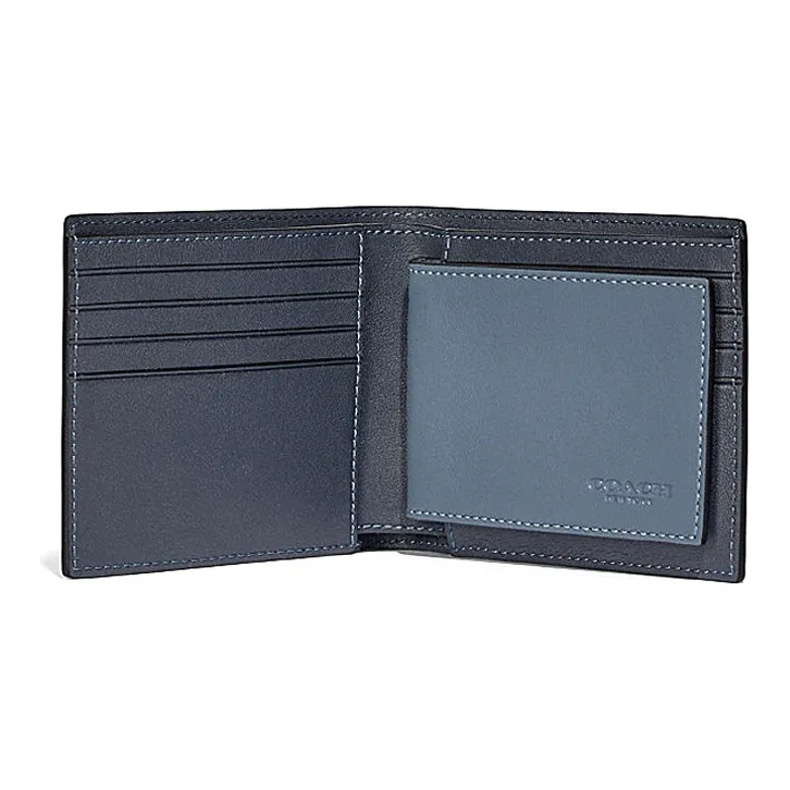 COACH 3 IN 1 Wallet Solid Color Refined Calfskin Leather Bifold Card Holder, Wallet Men's Blue Gray-2