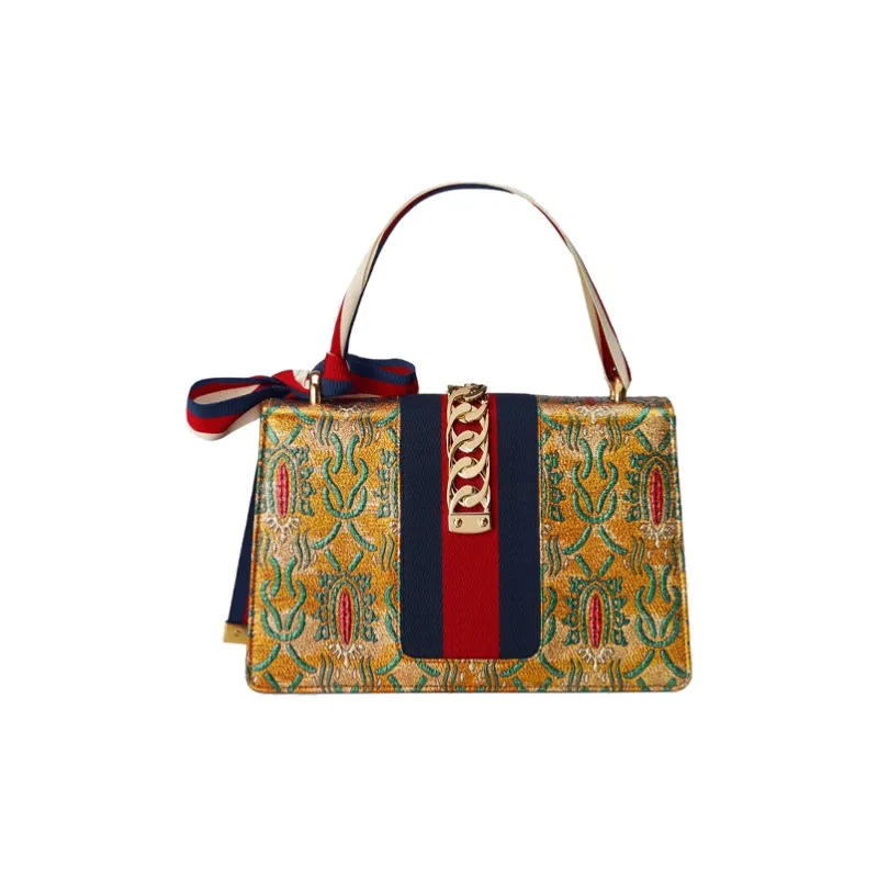 GUCCI Sylvie Rainbow Brocade Fabric Shoulder Bag, Crossbody Bag, Handbag Small Size Women's Gold-2