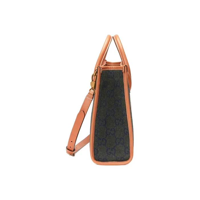 GUCCI Wool Patchwork Leather Tote Bag Shopping Bag Shoulder Bag Crossbody Bag Handbag Unisex Brown-3