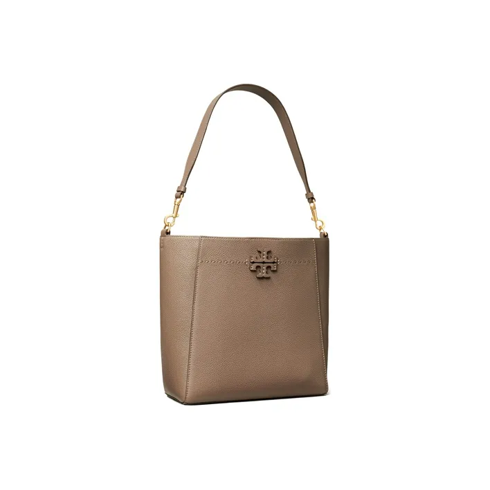 TORY BURCH McGraw Leather Bucket Bags Shoulder Bag Crossbody Bag Large Size Women's Gray Brown-1