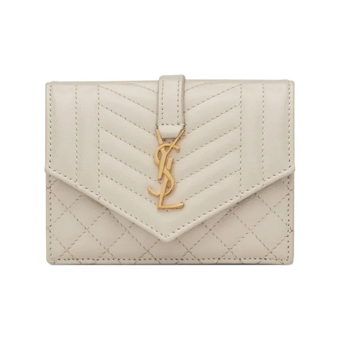 SAINT LAURENT Monogram Cow Leather/Sheepskin Card Holder Women's Vintage White-0