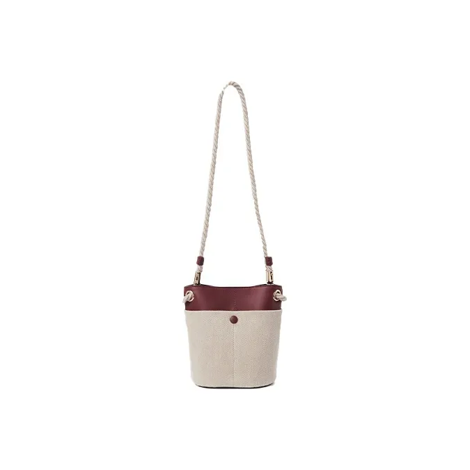 Chloe Key Linen Bucket Bag, One Shoulder Handbag, Crossbody Bag Small Size Women's Burgundy-5