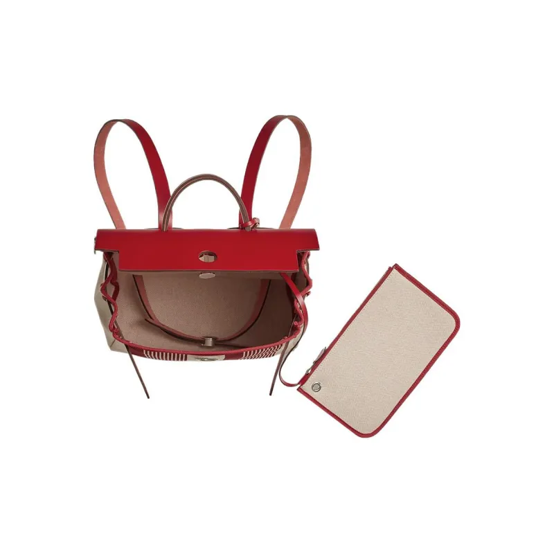 HERMES Herbag Canvas With Leather Backpack Unisex Bordeaux Red Light Beige Beige Spicy Pepper Red-2
