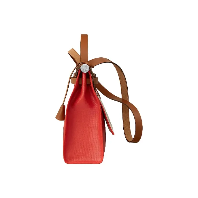 HERMES Herbag Zip Cowhide Patchwork Canvas Handbag Shoulder Bag Crossbody Bag Women's Orange Red/Brown-1
