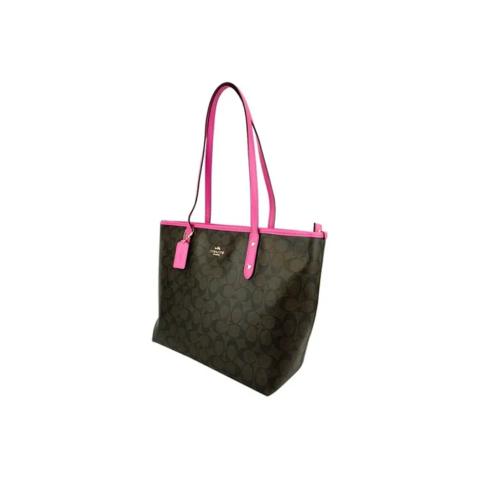 COACH City Zip Tote PVC Tote Bag, Handbag, Shoulder Bag Large Size Women's Dark Brown Monogram & Rose Red-1