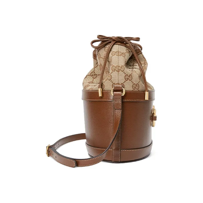 GUCCI Horsebit 1955 Canvas With Leather Bucket Bag, Shoulder Bag, Crossbody Bag Women's Brown-2