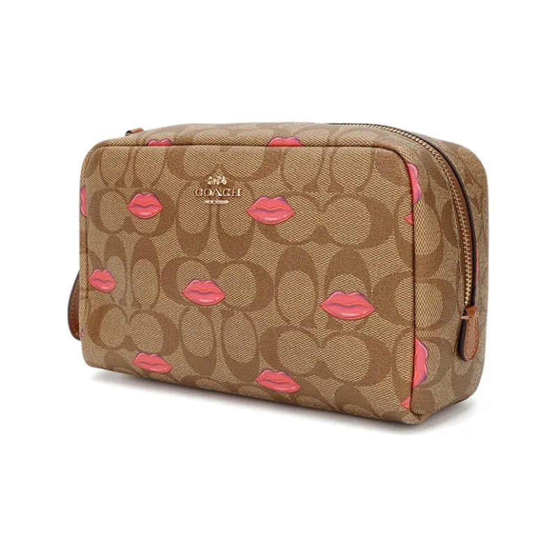 COACH Boxy Artificial Leather PVC Makeup Bag Small Size Women's Khaki Red Lip Print-1