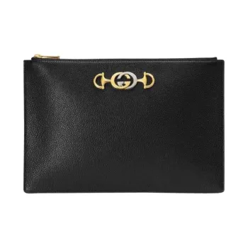 GUCCI Zumi Grained Leather Clutch Large Size Women's Black