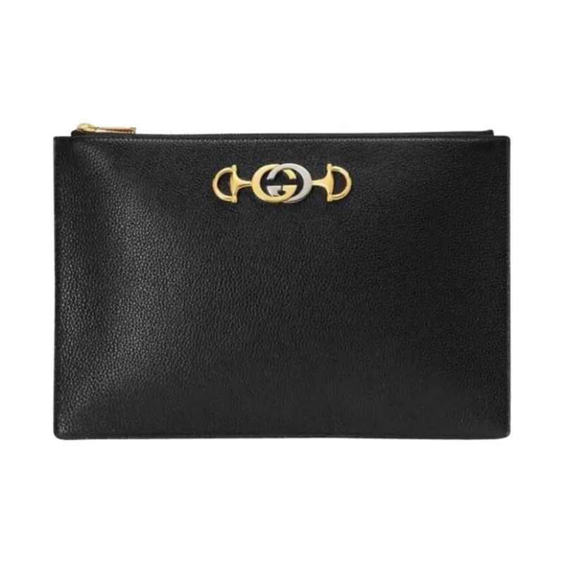 GUCCI Zumi Grained Leather Clutch Large Size Women's Black-0