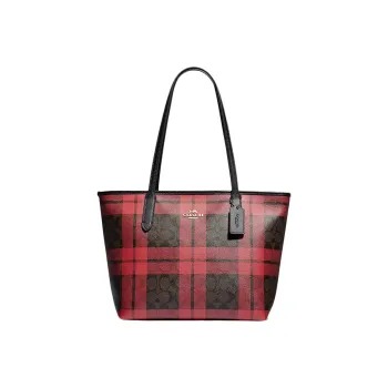COACH Zip Top Tote PVC Leather Tote Bag Shopping Bag Handbag Shoulder Bags Women's Red Plaid