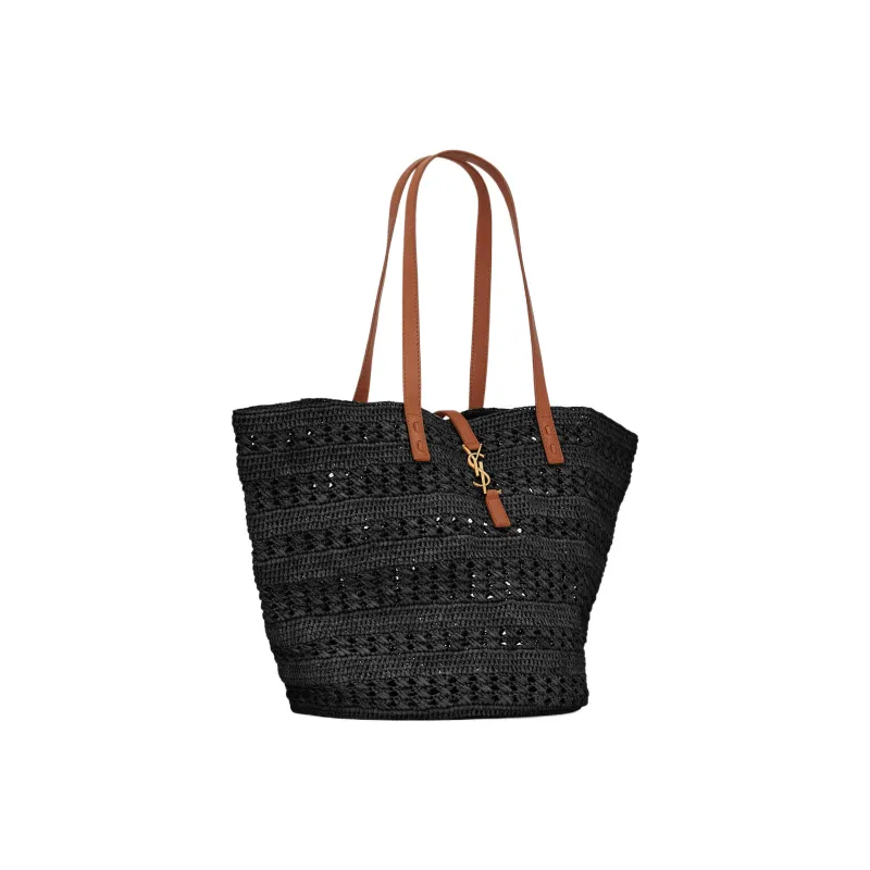 SAINT LAURENT Natural Woven Large Capacity Tote Bag Shopping Bag Handbag Medium Size Women's Black-1