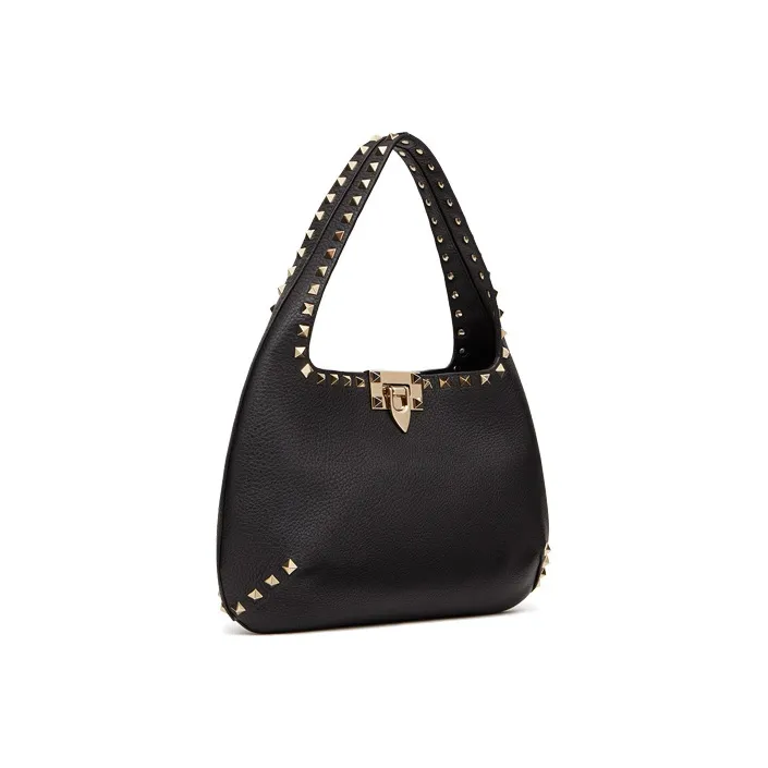 Valentino Rockstud Grained Calfskin Hobo Bag Dumpling Bag Shoulder Bag Handbag Small Size Women's Black-1