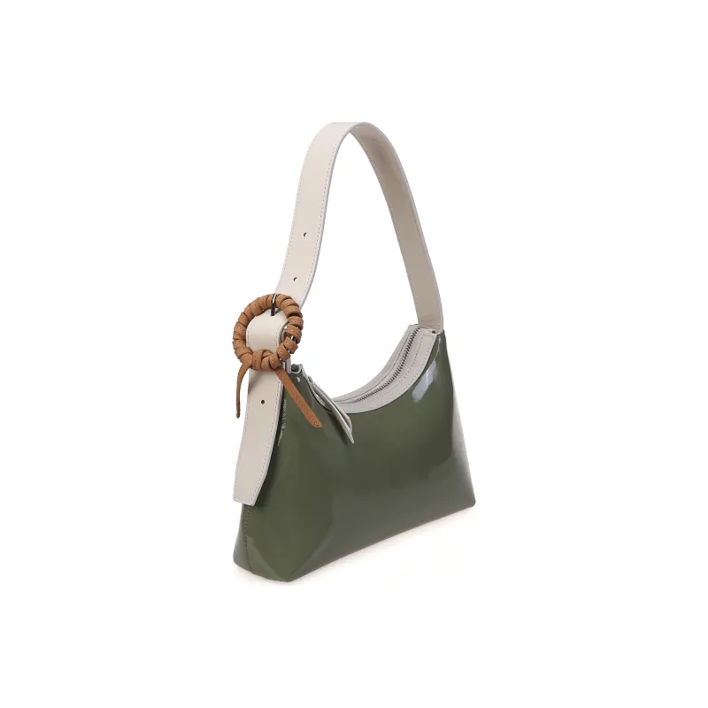 QULU Patent Leather Top Grain Cow Leather Shoulder Bag Baguette Bag Shoulder Bag Regular Women's Coffee/Green-6