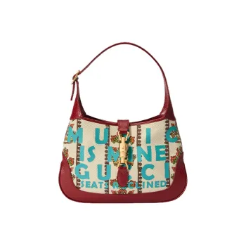 GUCCI Jackie 1961 Canvas With Leather Trim Crescent Shoulder Bag Shoulder Bag Small Size Women's Ecru & Red