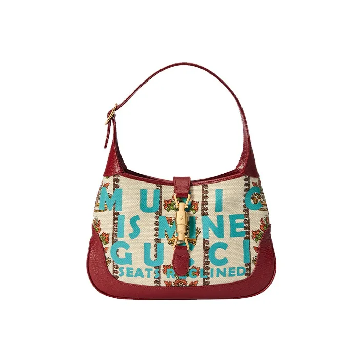 GUCCI Jackie 1961 Canvas With Leather Trim Crescent Shoulder Bag Shoulder Bag Small Size Women's Ecru & Red-0