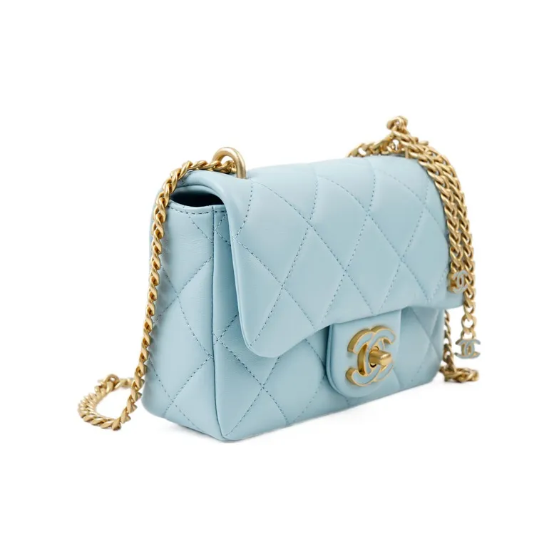 CHANEL Lambskin Mini Square Flap Bag, Flap Bag, Crossbody Bag, Shoulder Bag Women's Light Blue-1