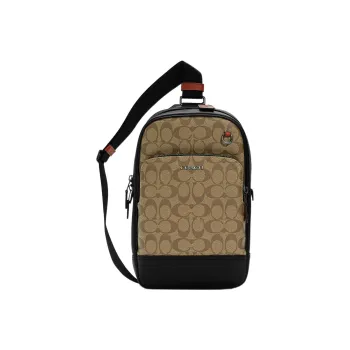 COACH Graham Canvas With Leather Multicolor Zip Closure Fanny Pack Sling Bag Small Size Men's Khaki & Black