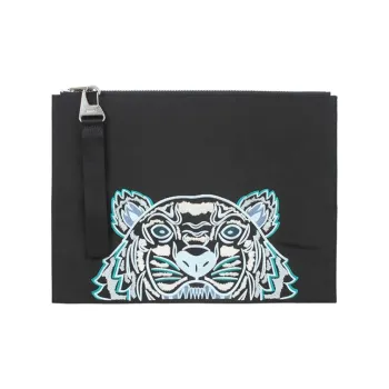 KENZO Polyamide Document Bag Clutch Large Size Unisex Black