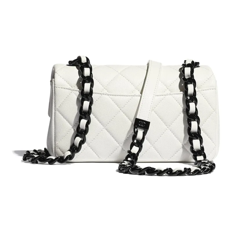 CHANEL Caviar Cow Leather And Metal Finish Flap Bag, Crossbody Bag, Shoulder Bag Trumpets Women's White & Black-2