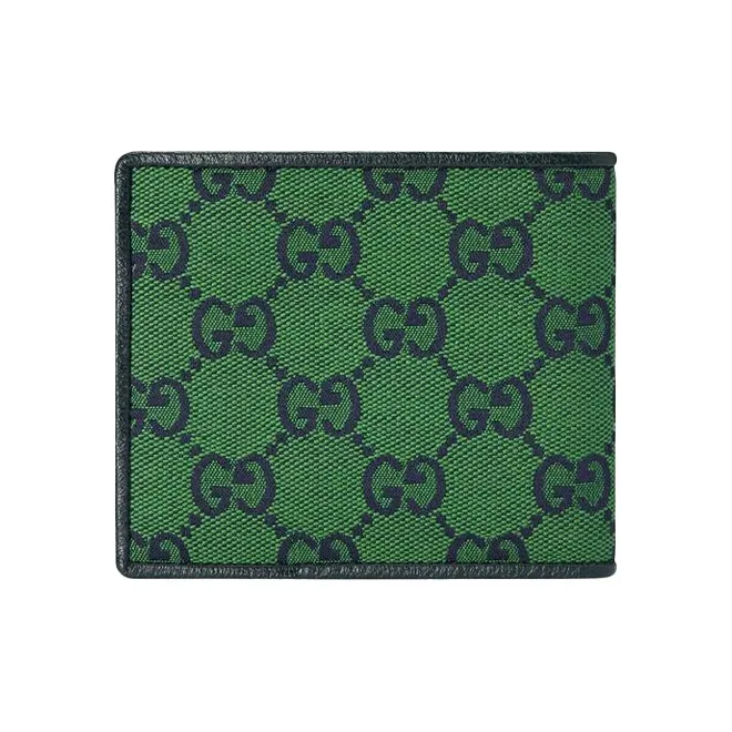 GUCCI Leather Logo Canvas With Leather Canvas Bag Wallets Men's Green & Dark Blue-2
