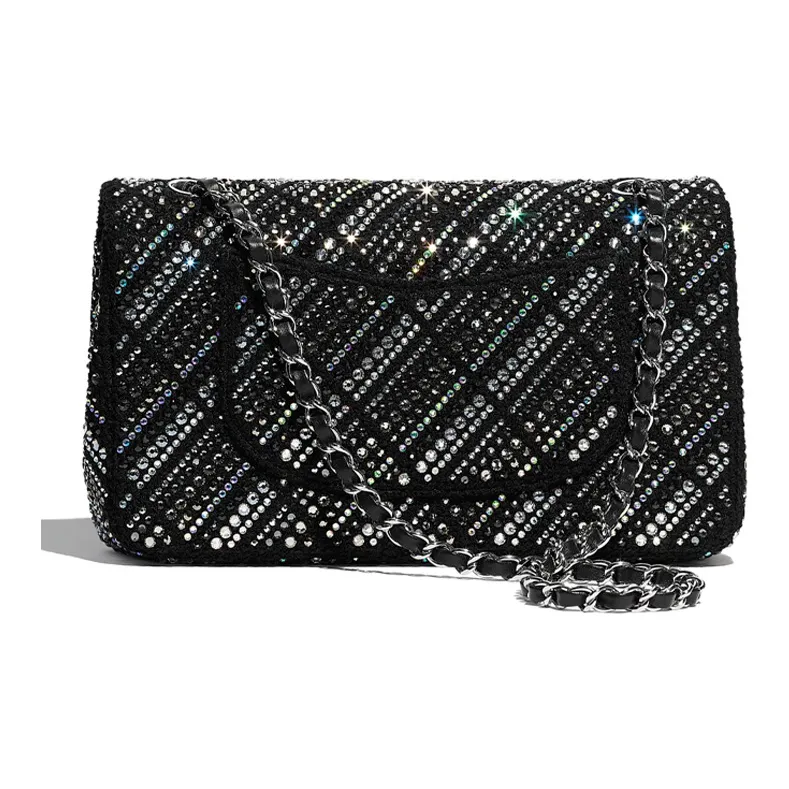 CHANEL Classic Flap CF Twill Soft Nappa With Crystal Shoulder Bag, Crossbody Bag Mini Women's Black-2