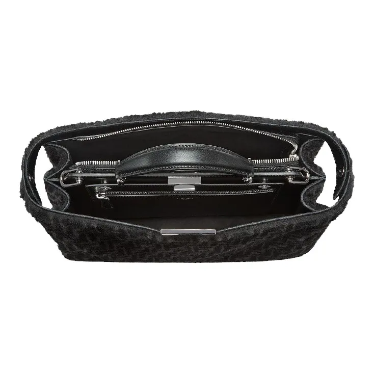 FENDI Peekaboo ISeeU Sheep Wool Calfskin Tote Bag Shoulder Bag Crossbody Bag Handbag Medium Size Men's Black-4