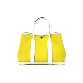 HERMES Garden Party Canvas With Leather Garden Bag Handbag Women's Yellow White
