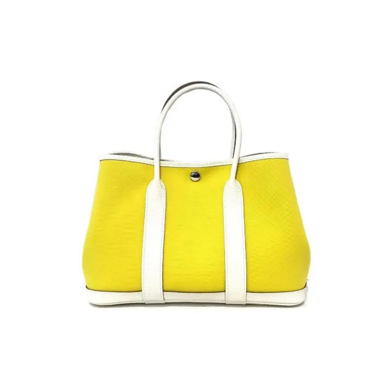 HERMES Garden Party Canvas With Leather Garden Bag Handbag Women's Yellow White-0