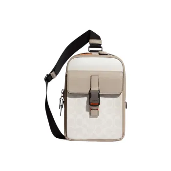 COACH Track Canvas With Leather Fanny Pack Small Size Men's White & Milk Tea Brown