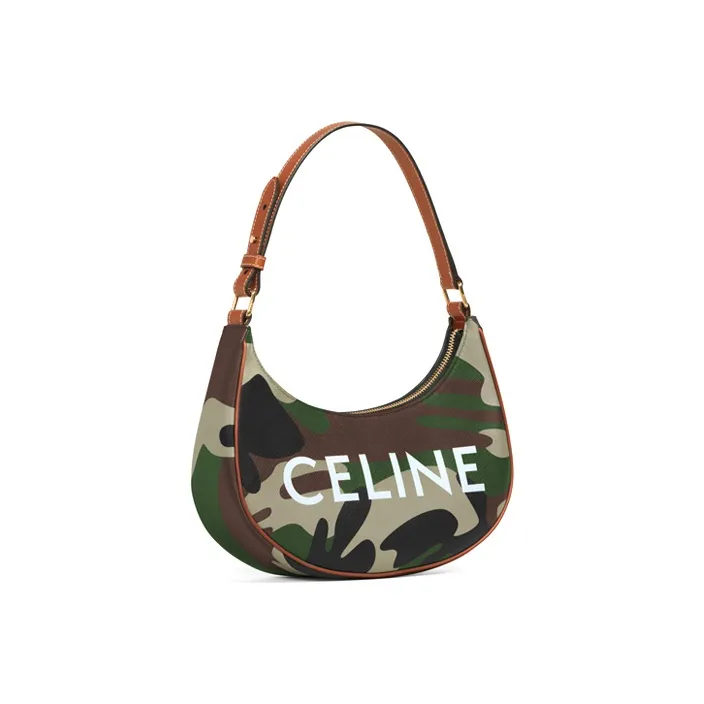 CELINE AVA Canvas With Leather Handbag, Shoulder Bag, One Shoulder Women's Camouflage Print/Khaki-1