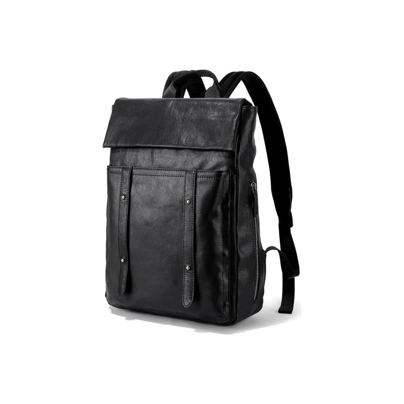 Ace Paul Top Grain Cow Leather Laptop Backpack Large Size Unisex Cool Black-0